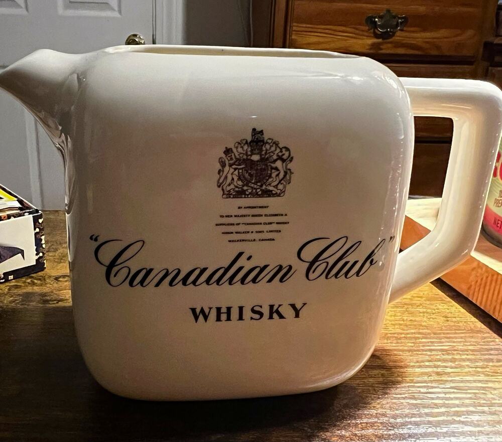 Vintage Canadian Club Whisky Ceramic Bar Pub Jug Queen Elizabeth Royal Warrant